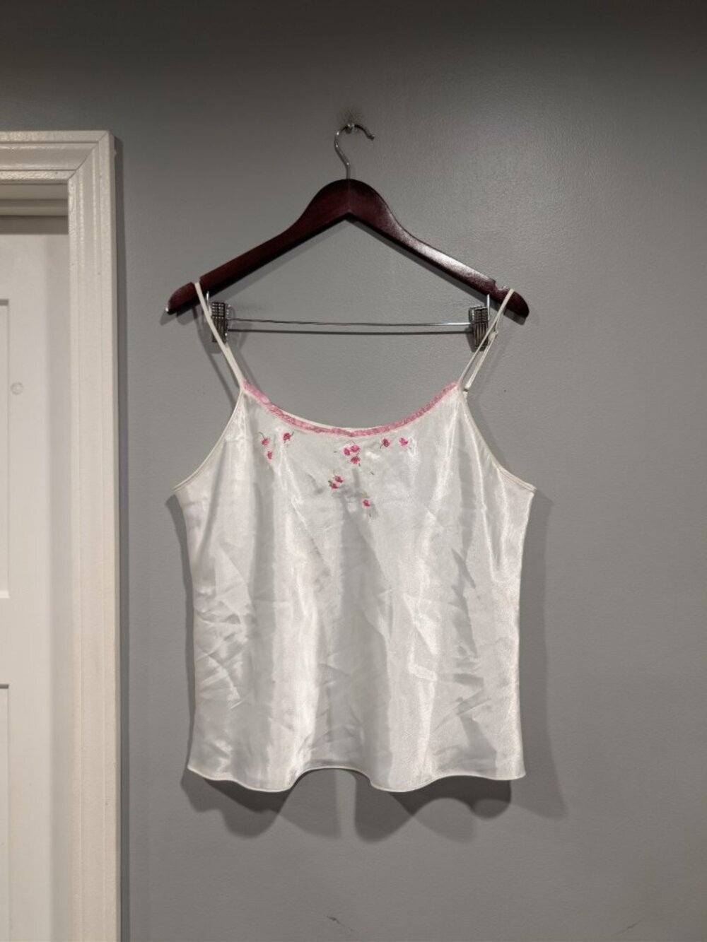 Oscar De La Renta Camisole Top Sz L White Embroidered Flowers Spaghetti Strap